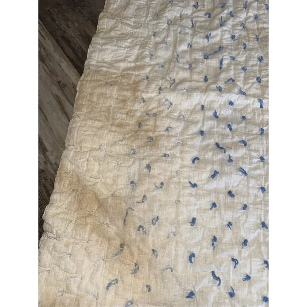 Vintage Cream W Blue Ties Quilt Blanket 68X65 In Significant Stain Areas Hole